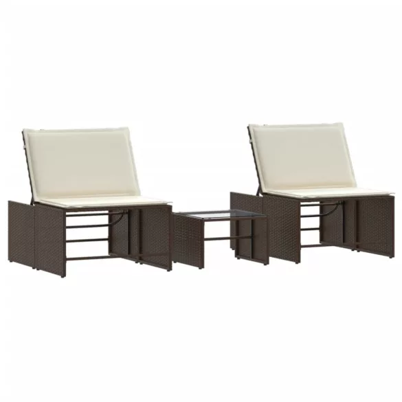 2 db barna polyrattan napozóágy asztallal