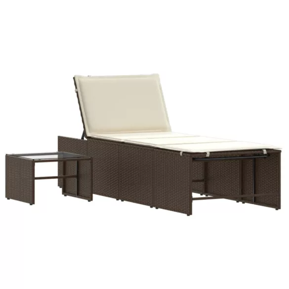 2 db barna polyrattan napozóágy asztallal