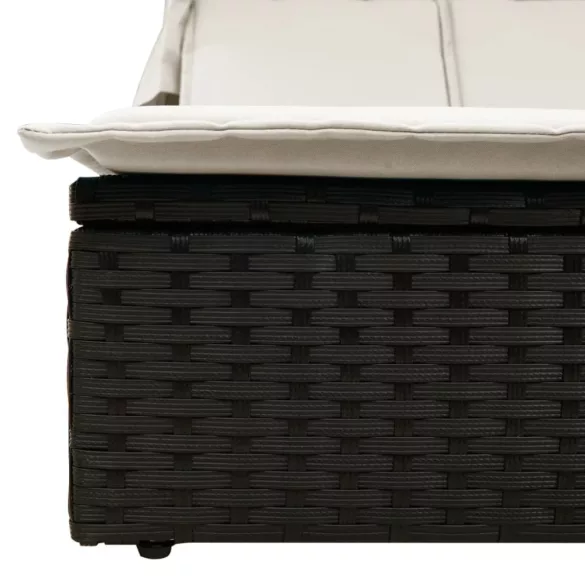 fekete polyrattan dupla napozóágy tetővel és párnával