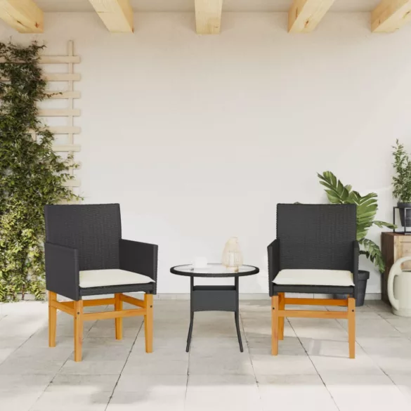 2 db fekete polyrattan és tömör fa kerti szék párnával