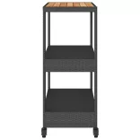 3 szintes fekete polyrattan és tömör akácfa zsúrkocsi