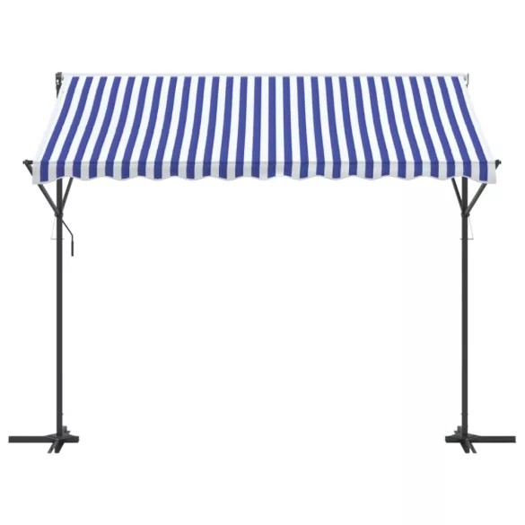 kék-fehér szövet és acél szabadon álló napellenző 300 x 300 cm