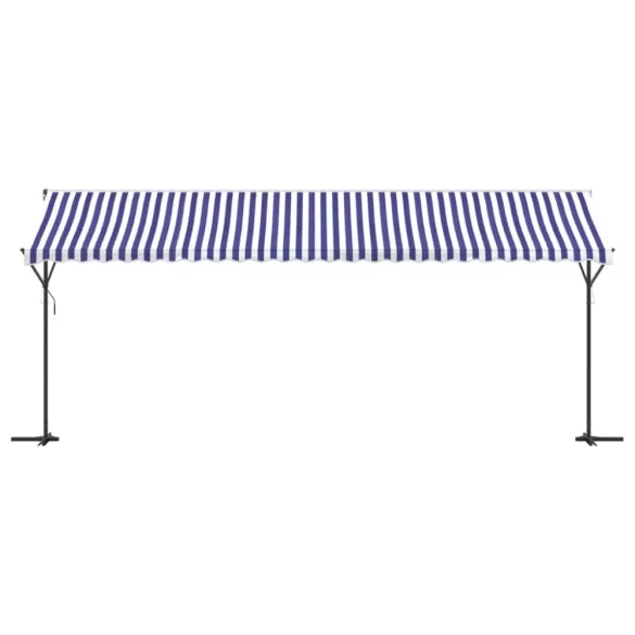 kék-fehér szövet és acél szabadon álló napellenző 600 x 300 cm