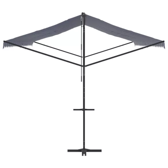 kék-fehér szövet és acél szabadon álló napellenző 600 x 300 cm