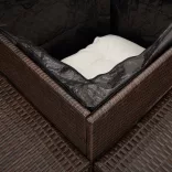 L-alakú barna polyrattan kerti kanapé asztallal és párnákkal