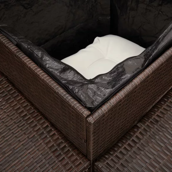 L-alakú barna polyrattan kerti kanapé asztallal és párnákkal