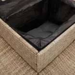 L-alakú bézs polyrattan kerti kanapé asztallal és párnával