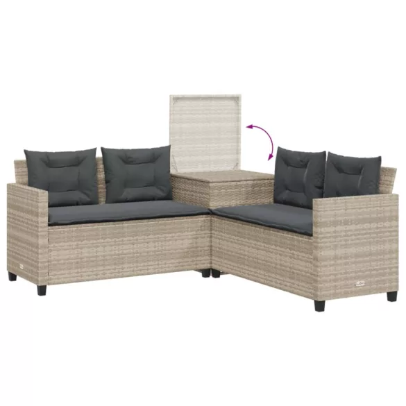 L-alakú szürke polyrattan kerti kanapé asztallal és párnákkal