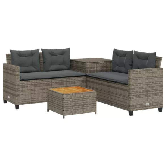 L-alakú szürke polyrattan kerti kanapé asztallal és párnákkal