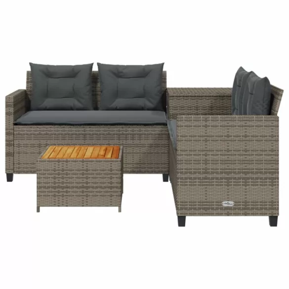 L-alakú szürke polyrattan kerti kanapé asztallal és párnákkal