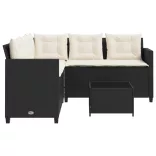 L-alakú fekete polyrattan kerti kanapé asztallal és párnával