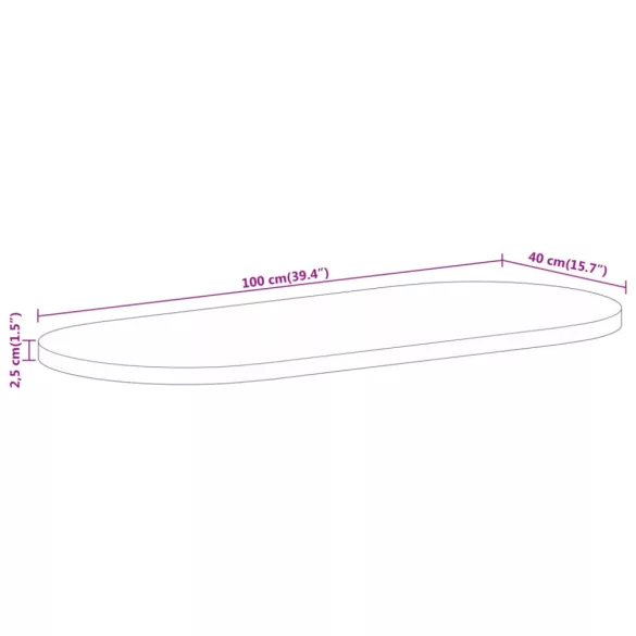 tömör nyers mangófa ovális asztallap 100 x 40 x 2,5 cm