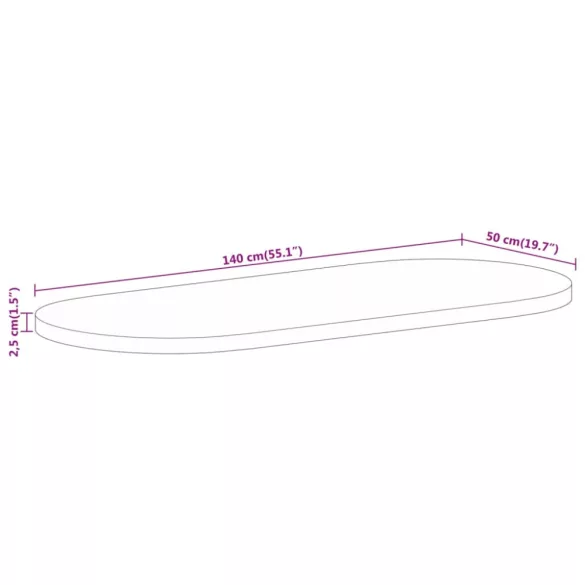 tömör nyers mangófa ovális asztallap 140 x 50 x 2,5 cm