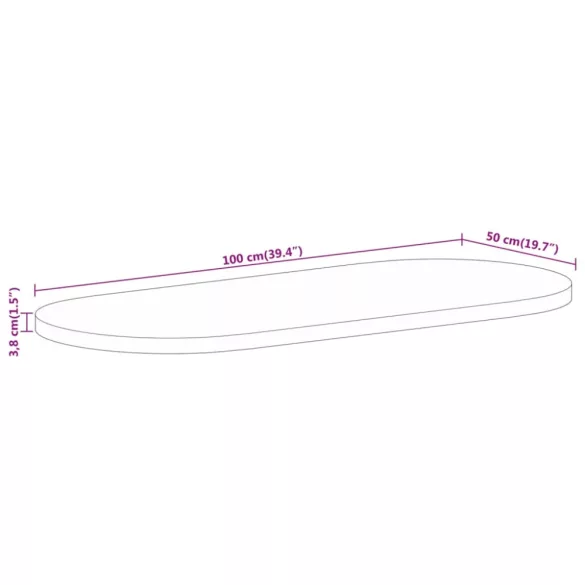 tömör nyers mangófa ovális asztallap 100 x 50 x 3,8 cm