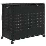 fekete rattan szennyeskosár kerekekkel 66x35x60 cm