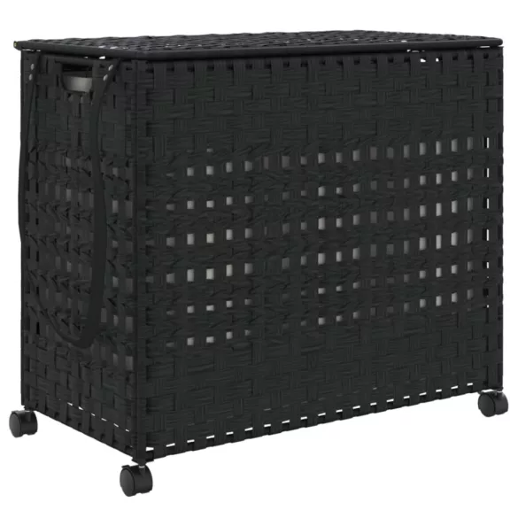 fekete rattan szennyeskosár kerekekkel 66x35x60 cm