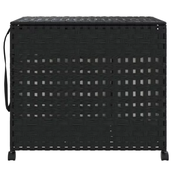 fekete rattan szennyeskosár kerekekkel 66x35x60 cm