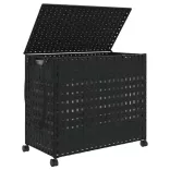 fekete rattan szennyeskosár kerekekkel 66x35x60 cm