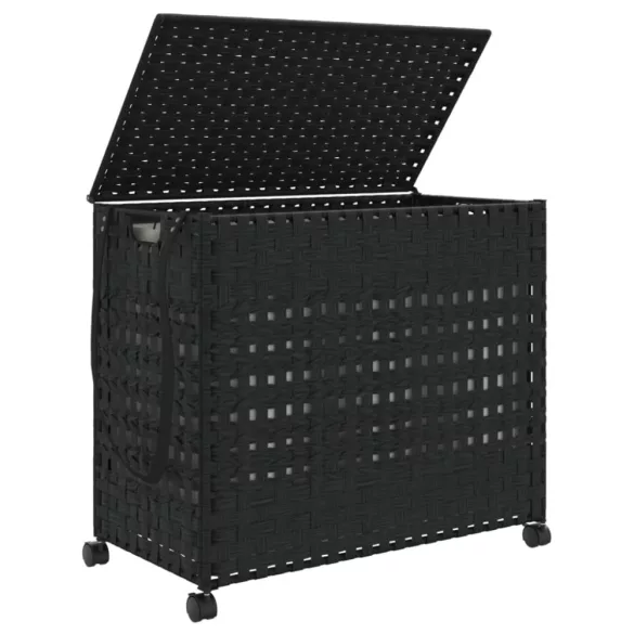 fekete rattan szennyeskosár kerekekkel 66x35x60 cm