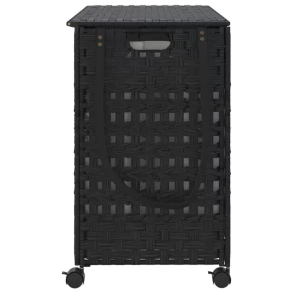 fekete rattan szennyeskosár kerekekkel 66x35x60 cm
