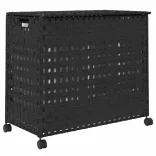 fekete rattan szennyeskosár kerekekkel 66x35x60 cm