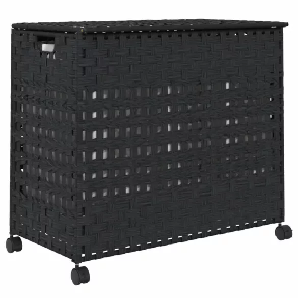fekete rattan szennyeskosár kerekekkel 66x35x60 cm