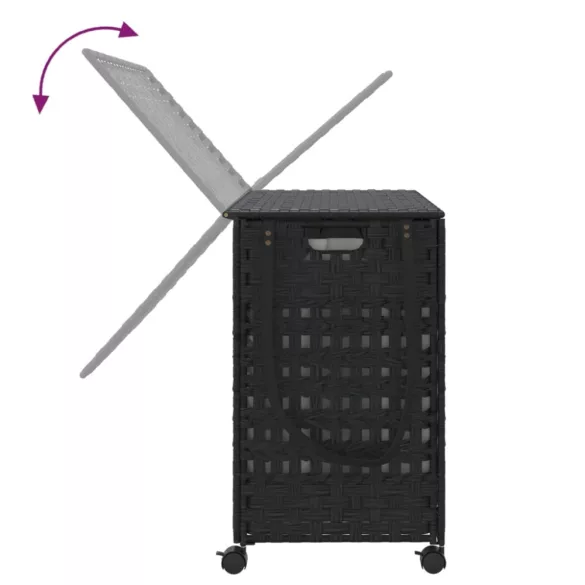 fekete rattan szennyeskosár kerekekkel 66x35x60 cm