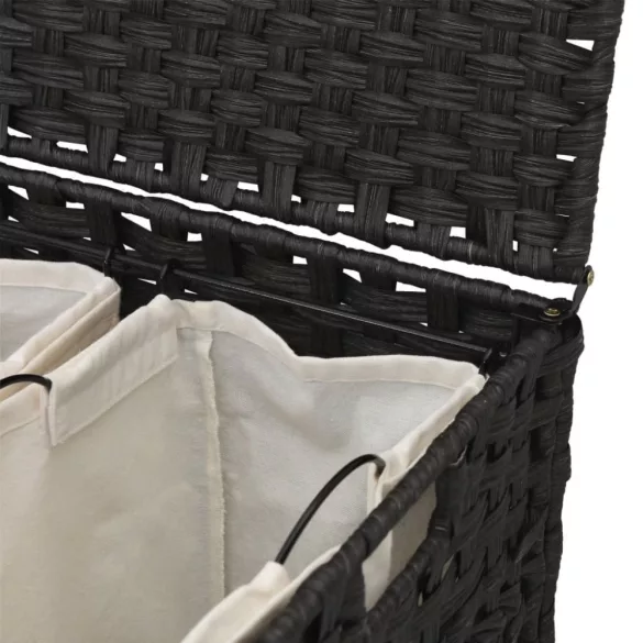 fekete rattan szennyeskosár kerekekkel 66x35x60 cm