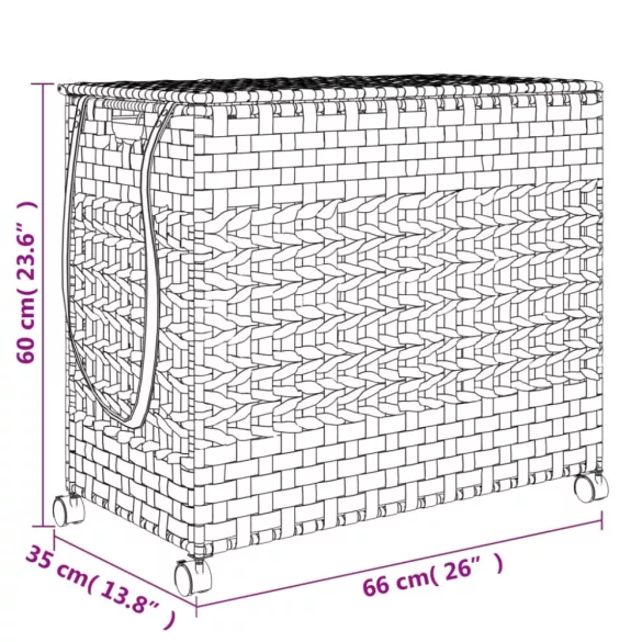 fekete rattan szennyeskosár kerekekkel 66x35x60 cm