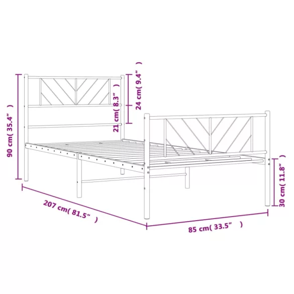 fekete fém ágykeret fej- és lábtámlával 80 x 200 cm