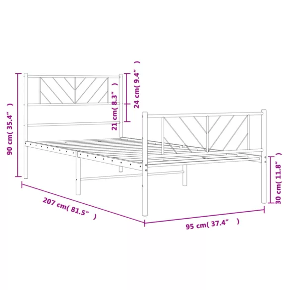 fekete fém ágykeret fej- és lábtámlával 90 x 200 cm