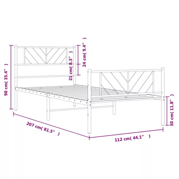 fekete fém ágykeret fej- és lábtámlával 107 x 203 cm