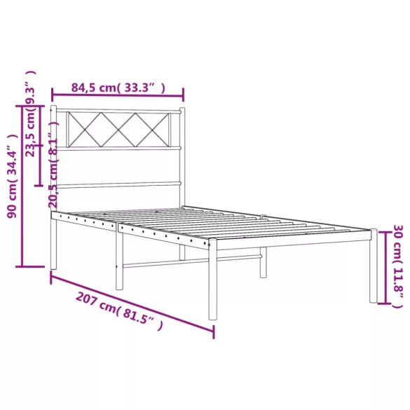 fekete fém ágykeret fejtámlával 80 x 200 cm