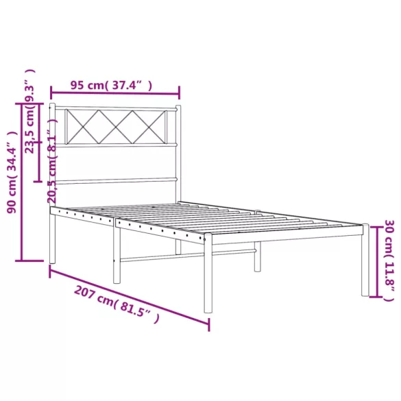 fekete fém ágykeret fejtámlával 90 x 200 cm