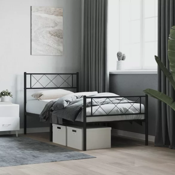 fekete fém ágykeret fej- és lábtámlával 75 x 190 cm