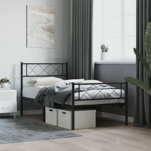 fekete fém ágykeret fej- és lábtámlával 90 x 200 cm