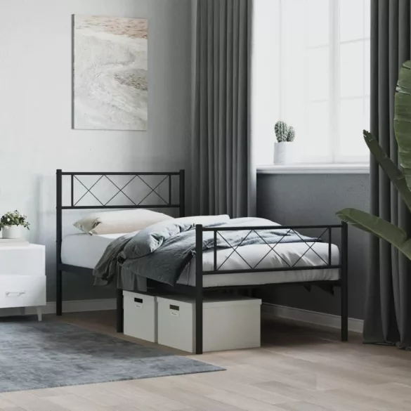 fekete fém ágykeret fej- és lábtámlával 107 x 203 cm