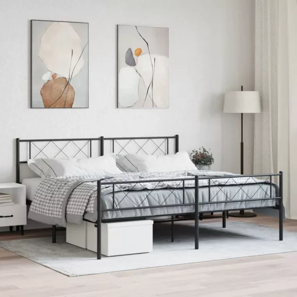 fekete fém ágykeret fej- és lábtámlával 193 x 203 cm