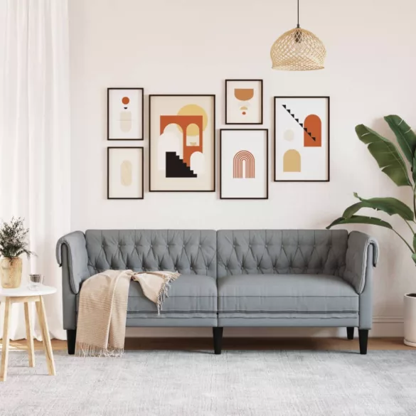 világosszürke 3 személyes szövet Chesterfield kanapé