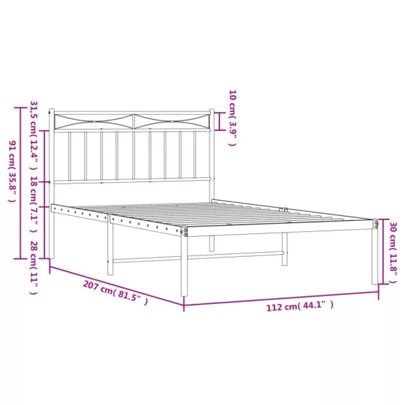 fehér fém ágykeret fejtámlával 107x203 cm