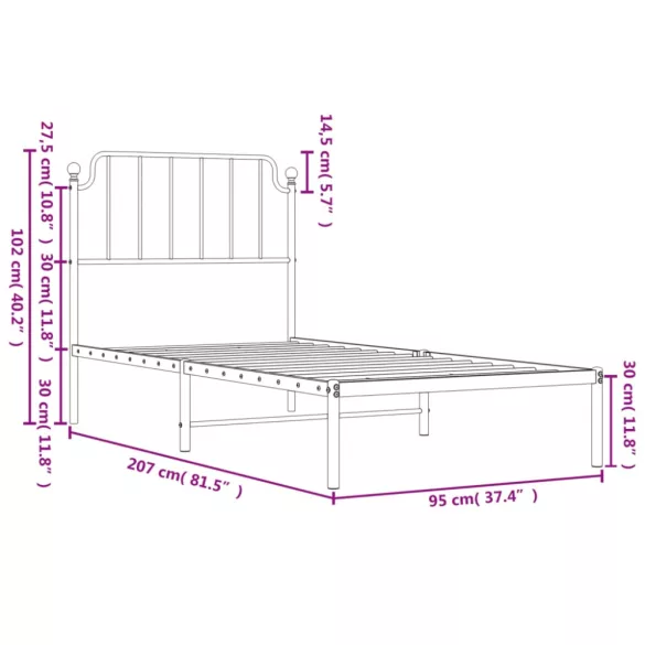 fekete fém ágykeret fejtámlával 90 x 200 cm