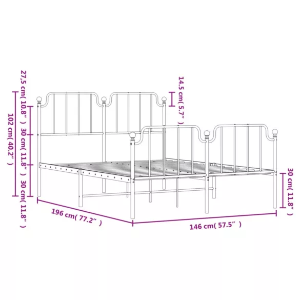 fehér fém ágykeret fej- és lábtámlával 140 x 190 cm