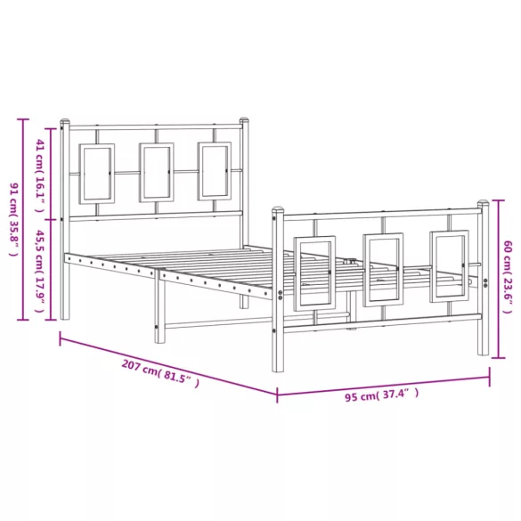 fekete fém ágykeret fej- és lábtámlával 90 x 200 cm