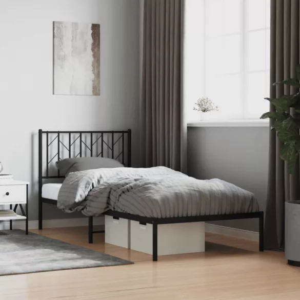 fekete fém ágykeret fejtámlával 90 x 200 cm