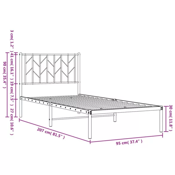 fekete fém ágykeret fejtámlával 90 x 200 cm