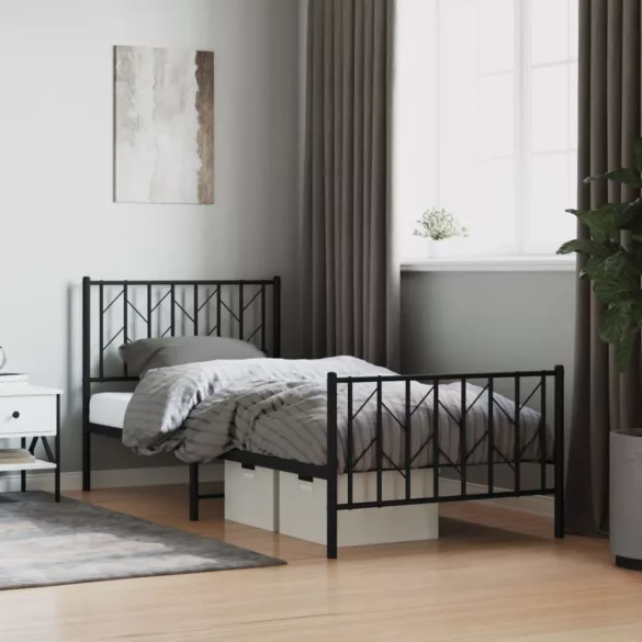 fekete fém ágykeret fej- és lábtámlával 90 x 200 cm