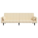 kétszemélyes krémszínű szövet kanapéágy két párnával