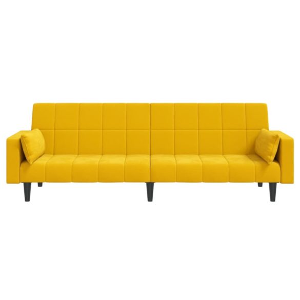 kétszemélyes sárga bársony kanapéágy két párnával