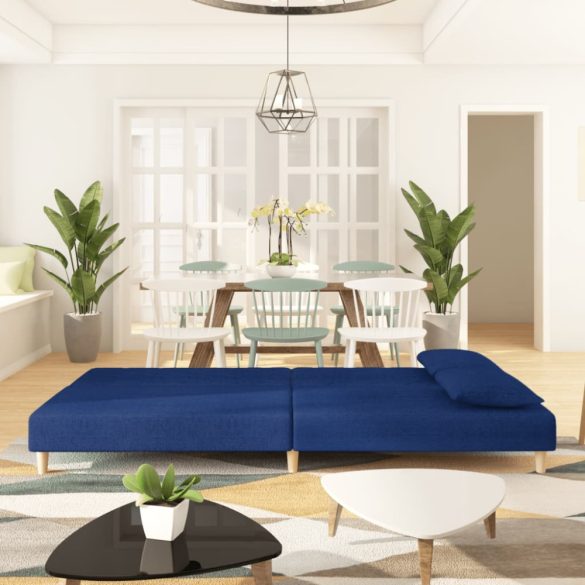 kétszemélyes kék szövet kanapéágy két párnával