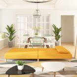 kétszemélyes sárga szövet kanapéágy két párnával